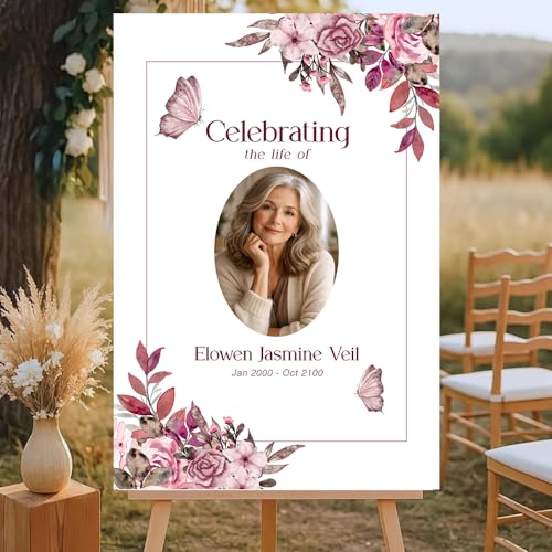 Personalized Celebration of Life Welcome Sign with Photo, Obituary Welcome Sign with Name and Date, Celebrating a Beautiful Life Butterfly Flower Tribute, Butterfly Flower Remembrance Decor, Custom Funeral Welcome Sign (Edition 5) - color: Edition 5
