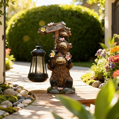 Solar Garden Statues Highland Cow Outdoor Decor Resin Highland Cow Figurine with LED Light Outside Lawn Yard Patio Balcony Gifts for Mom Women - size: 6*5*11 in