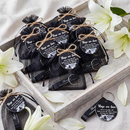 Sawysine 50 Sets Funeral Favors for Guests, Celebration of Life Favors Black Bottle Opener Keychains Funeral Prayer Cards Organza Bags Guests Thank You Gifts for Memorial Party Supplies