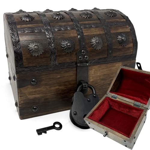 Nautical Cove Wooden Treasure Chest with Padded Velvet Lining and Antique Lock with Skeleton Keys (Small 8x6x6) – Luxury Wood Pirate Chest, Wooden Keepsake Box, Decorative Box with Lid - size: Small