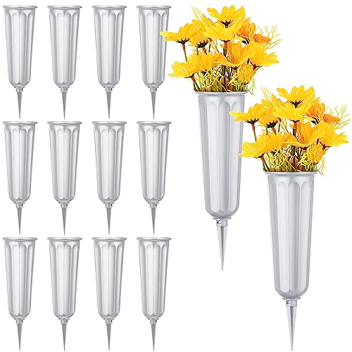 12 Pcs Cemetery Vases with Spikes Plastic Memorial Floral Grave Flower Holder Cone In Ground Vases with Stakes for Lawn Headstone Graveside Decoration Artificial Fresh Flowers(Gray) - color: Gray