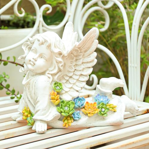 Garden Angels Outdoor Statue, Solar Cherub Baby Angel with Succulent | 7'' Resin Angel Statue with Warm Glow, Memorial Angel Figurines Gardening Gifts for Mother Grandma Yard Patio Lawn Decoration - style: Playful Cherub