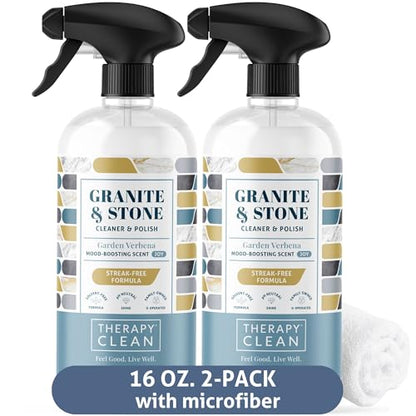 Therapy Granite & Stone Cleaner and Polish, pH Neutral, Marble & Quartz | Includes microfiber cloth. Safe for granite, marble, quartz, soapstone, slate, limestone, corian & laminate. Two 16oz - style: Granite Cleaner 16 oz. (Pack of 2 with Microfiber)