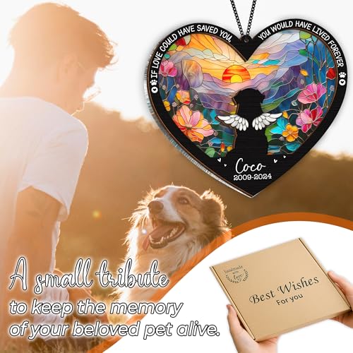 Personalized Angel Dog Memorial Suncatcher, Heart Suncatcher Remembrance Gift, Engraved Pet Memorial Ornament, Pet Sympathy Keychain, Loss of Animal Sympathy Card, Rainbow Bridge Dog Loss Gift - color: 02. Custom #2