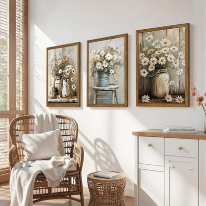 DUWQU Triptych Rustic Farmhouse Daisy Framed Canvas Wall Art 16x24 inch x3 - color: flower(Framed), size: 24"L x 16"W