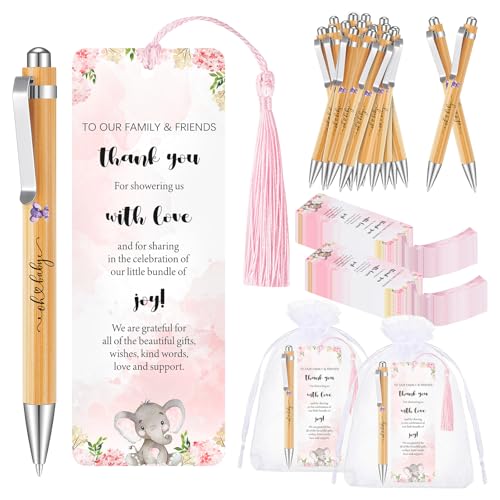 50 Sets Baby Shower Favors for Guests, Includes Bamboo Ballpoint Pens Thank You Bookmarks Organza Bags Baby Shower Party Favors Gender Reveal Gifts for Guest Game Prizes Souvenirs Return Gifts (Pink) - color: Pink Elephant