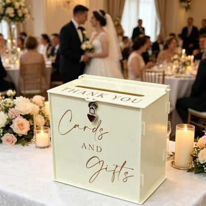 Acrylic Card Box with Lock & Slot, Warmy Cream Money Gift Card Box for Wedding Reception, Cash Envelope Box Ideal for Graduation Bridal Baby Shower Quinceanera & Baptism Party Supplies - color: Cream White