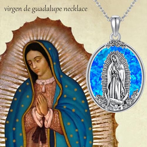 YAFEINI Virgen De Guadalupe Necklace 925 Sterling Silver Mother Mary Necklace Virgencita Jewelry Thanksgiving Day Gifts for Women - style: Blue Opal