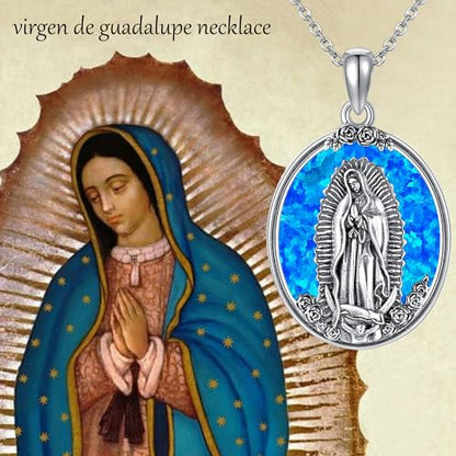 YAFEINI Virgen De Guadalupe Necklace 925 Sterling Silver Mother Mary Necklace Virgencita Jewelry Thanksgiving Day Gifts for Women - style: Blue Opal