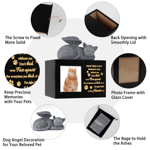 Pet Urns for Ashes, Black Wooden Cat Urns for Ashes with Cat Angel, Cat Memorial Keepsake Memory Box with Photo Frame, Loss Pet Sympathy Remembrance Gift (Medium - Memory)