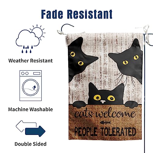 Black Cat Garden Flag Cats Welcome People Tolerated Sign Flag Halloween Banners for Outside 12 X 18 Double Sided Cat Lovers Gifts for Women - color: catscome