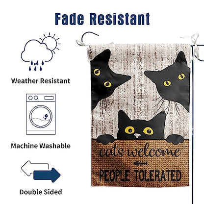 Black Cat Garden Flag Cats Welcome People Tolerated Sign Flag Halloween Banners for Outside 12 X 18 Double Sided Cat Lovers Gifts for Women - color: catscome