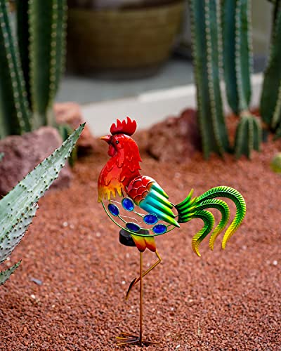GDF 20" Chicken Decor - Outdoor Rooster Decor Solar Lights -Metal Rooster Garden Decorations for Yard Pathway Lawn Patio Courtyard for Her/Him (Updated)