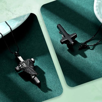 Cross Cremation Jewelry Urn Necklaces Cross Angel Wings Urn Necklaces for Ashes Memorial Keepsake Pendant for Women Men Gifts With Funnel Kit & Bag - color: Black