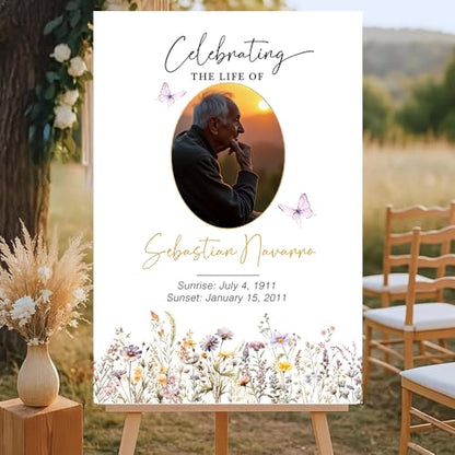 Personalized Celebration of Life Welcome Sign with Photo, Obituary Welcome Sign with Name and Date, Celebrating a Beautiful Life Butterfly Flower Tribute, Butterfly Flower Remembrance Decor, Custom Funeral Welcome Sign (Edition 6) - color: Edition 6