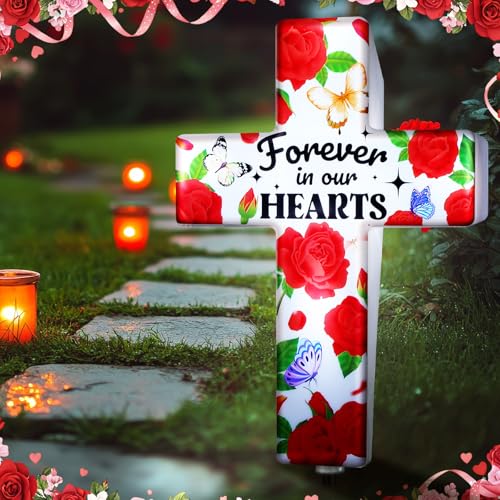 Qunclay Solar Cross Grave Lights Women Grave Decorations with Red Rose Flowers Waterproof Memorial Cross Stake Solar Powered Light Outdoor Yard Patio Sympathy Gifts for Loss of Loved One