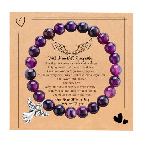 Sympathy Gifts for Loss of Loved one Memorial Healing Remembrance Condolence Grief Present for Women Pink Beads Bracelet With Angel Wings - style: Amethyst-Angel-With Heartfelt Sympathy