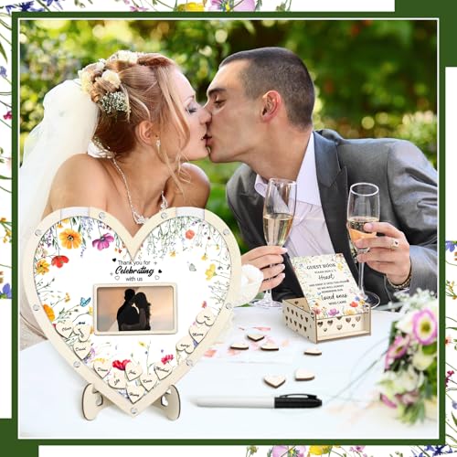 Chunful Hearts Guest Book Alternative with 100 Wooden Hearts Chips Box and Pen Brown Wooden Heart Picture Frame Rustic Guest Book Reception for Wedding Baby Shower Birthday Ceremony(Wildflower) | Drop Box with Photo Frame and Pen, Rustic Decor for Recepti