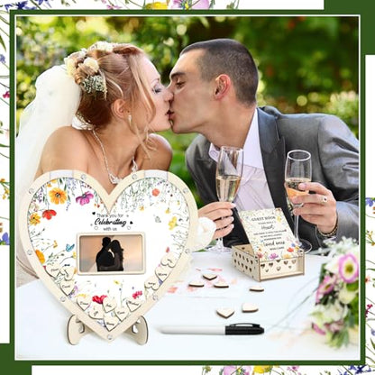 Chunful Hearts Guest Book Alternative with 100 Wooden Hearts Chips Box and Pen Brown Wooden Heart Picture Frame Rustic Guest Book Reception for Wedding Baby Shower Birthday Ceremony(Wildflower) | Drop Box with Photo Frame and Pen, Rustic Decor for Recepti