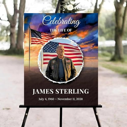 American Flag Funeral Welcome Sign, Patriotic Celebration of Life Welcome Sign, in Loving Memory Sign, Celebration of Life, Celebration of Life Sign, Memorial Sign with Photo,Funeral Welcome Sign # - color: Version #22