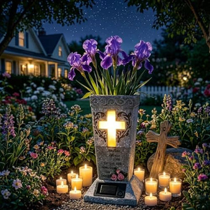 HUYIENO Solar Cemetery Vase for Grave Decor Cemetery Decor Waterproof Memorial Fresh or Artificial Flowers Holder with Warm Cross Light Sympathy Gifts for Loss of Loved One - style: Cross