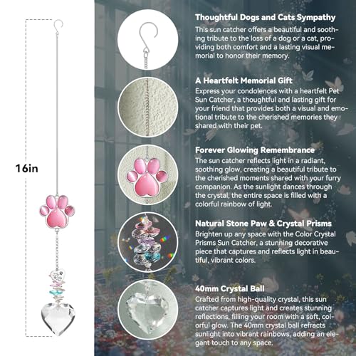 Dog Memorial Gifts, Pet Memorial Suncatcher, Loss of Dog Sympathy Gift | Thoughtful Dogs and Cats Bereavement Remembrance Gifts, Natural Cat's Eye Stone Paw Crystal Suncatcher - color: Pink