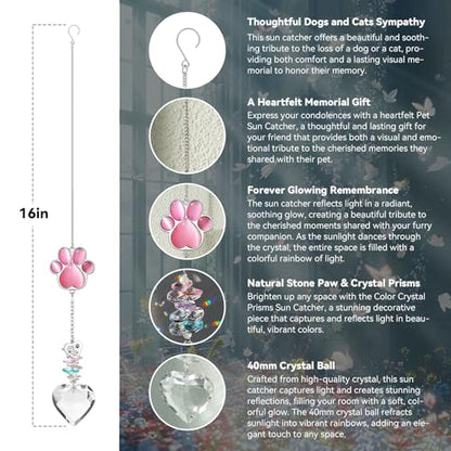 Dog Memorial Gifts, Pet Memorial Suncatcher, Loss of Dog Sympathy Gift | Thoughtful Dogs and Cats Bereavement Remembrance Gifts, Natural Cat's Eye Stone Paw Crystal Suncatcher - color: Pink