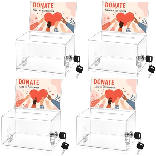 4 Pack Acrylic Donation Box with Lock and Sign Holder, Clear Ballot Suggestion Boxes with Slot, Raffle Box Tips Jar for Fundraising, Donation, Bar, School Voting, Size 6.2'' x 4.6'' x 4.0'', Clear - color: Clear