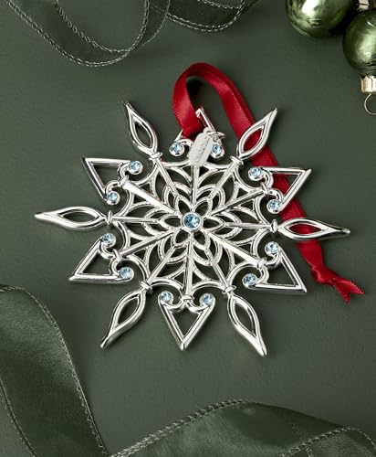 Lenox Ornament, 2025 Snow Majesty Silverplate Ornament, Stainless Steel Christmas Tree Decoration, Snowflake Design, Blue Jeweled Accents, Red Ribbon for Hanging, Christmas Decoration(Silver, 1 Piece) - style: Snow Majesty