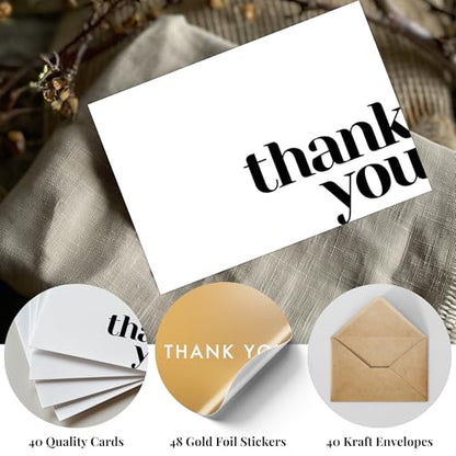 Thank You Cards with Envelopes Bulk Pack of 40 Cards, White Thank You Cards | 5 x 3.5 Inches with Matching Stickers & Envelopes, For Business, Baby Shower, Wedding, Small Business, Graduation, Funeral - color: White