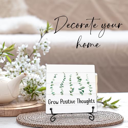 Grow Positive Thoughts Wooden Sign - 5" Inspirational Quotes Wooden Plaque With Metal Support - Greenery Rustic Tabletop Home, Office, Classroom Decor - Housewarming Gifts For Family & Friends - A03 - style: Grow Positive Thoughts