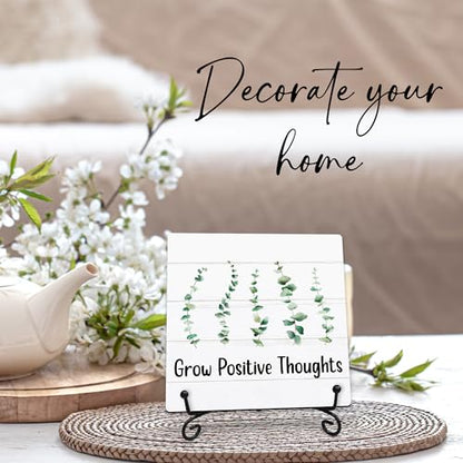 Grow Positive Thoughts Wooden Sign - 5" Inspirational Quotes Wooden Plaque With Metal Support - Greenery Rustic Tabletop Home, Office, Classroom Decor - Housewarming Gifts For Family & Friends - A03 - style: Grow Positive Thoughts