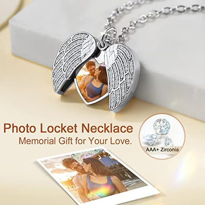 Custom4U Personalized Heart Locket Necklace with Pictures,Sunflower/Angel Wings/Heart Shaped Lockets Custom Photo,Gold/Rose Gold/White Lockets That Holds Picture,Customized Memorial Jewelry for Women - color: B-Angel Wings-Steel(Locket + Photo + Engraving