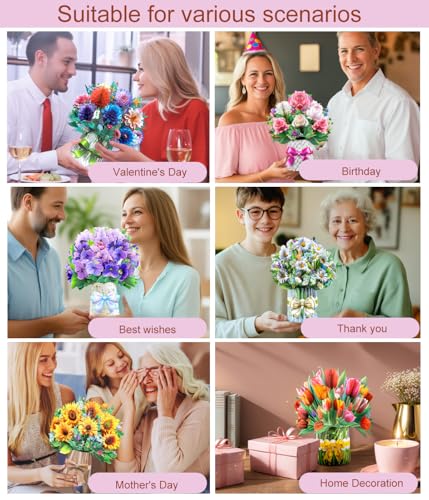 Pop Up Card Floral Bouquets for Women, Dasiy Sunflower Voilet Tulip Dahlia Rose Greeting Set for Grandmother Mom Wife Sister Mother's Day Birthday Gift, Includes Envelopes and Blank Note Card - style: Dasiy Sunflower Voilet Tulip Dahlia Rose