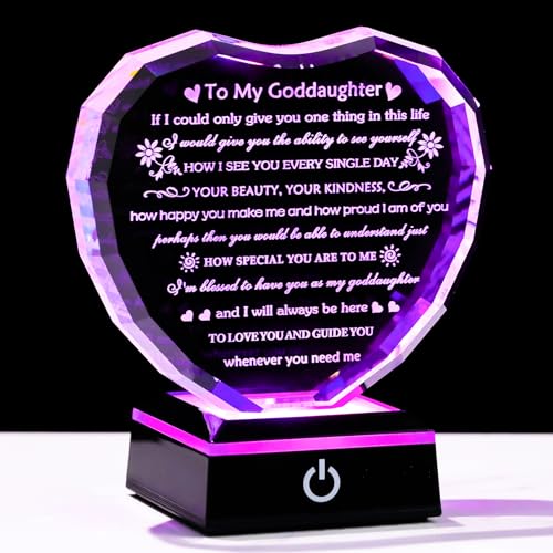 Arikyrist Goddaughter Gifts from Godmother Birthday Gift for Goddaughter from Godparents With LED Base Heart Crystal Keepsake Unique Goddaughters Gifts Idea on Mother's Day Christmas Graduation - style: Goddaughter Gifts + Light Base