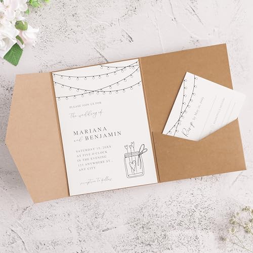 20 PCS Kraft Tri-fold Laser Cut Wedding Invitation Pockets for 5x7 Wedding Cards Bridal Shower Engagement Quinceanera Invite - color: Karft