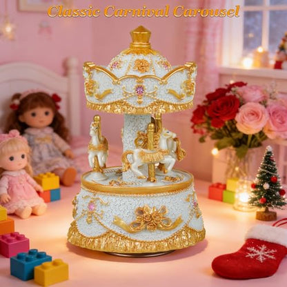 Carousel Music Box,Luxury Color Change LED Light ,Luminous Rotating 3-horse | Luminous Music Box, musical box with Gift Box for Girls Birthday Valentine Gift (You are My Sunshine, Light Gold) - color: Light Gold, style: You are My Sunshine