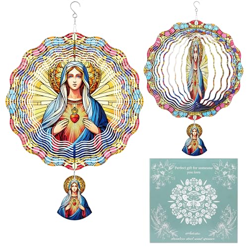Virgin Mary Sacred Heart 12 Inch 3D Metal Wind Spinner | Metal kinetic hanging art with 3D design, For gardens, patios, yards and outdoor gift giving