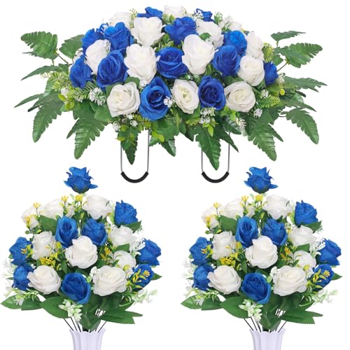 Artificial Cemetery Flower Saddles, Cemetery Memorial Flowers with Vase for Grave Tombstone Decorations,Artificial Rose Bouquet Grave Memorial Flowers (Blue White) - color: Blue White