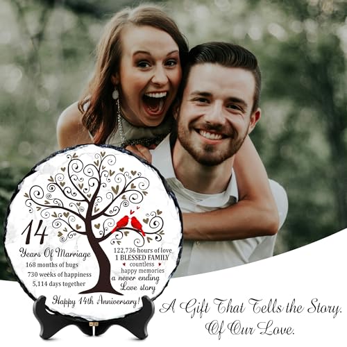 14th Anniversary Wedding Gift for Her Him – Natural Slate Stone Plaque, 14 Year Anniversary Idea Gifts for Wife Husband, Ivory 14 th Wedding Keepsake Gifts - color: 14th Anniversary
