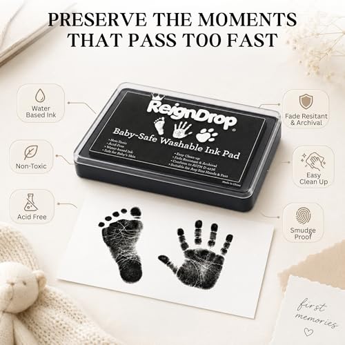 ReignDrop Baby Ink Pad for Hand and Footprints, Non-Toxic Acid-Free Keepsake Kit, Smudge-Proof Archival Ink Wipes Off Skin, for Scrapbook, Photo Album, Frames & Pet Paws, Baby Gift (Black) - color: Black