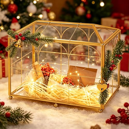 Wedding Glass Card Box with Slot, 10.2×6.1×7.9 Inch - color: Golden 10.2" x 6.1" x 7.9"