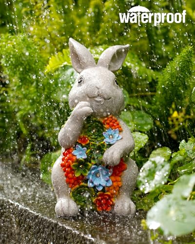 Nacome Solar Garden Outdoor Statues Bunny with Succulent - color: Light Grey Bunny