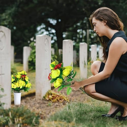 Tigeen 4 Sets Artificial Cemetery Flowers with Vase for Grave,White, Yellow - color: White, Yellow