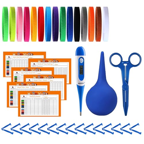Puppy Kitten Whelping Kit, Newborn Dogs Cats Pet Whelping Kit with 6P Record Keeping Charts, 15P Pet ID Collars, 1P Aspirator Bulb, 15P Umbilical Cord Clip, 1P Hemostatic Forcep