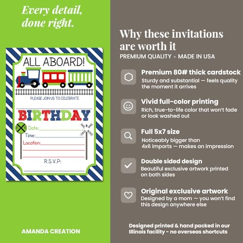 Train Birthday Party Invitations for Boys, 20 5x7 Fill In Cards with Twenty White Envelopes by AmandaCreation - style: Train
