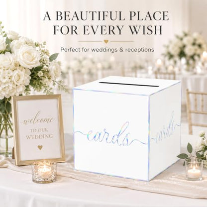 White Iridescent Card Box for Birthday Parties, Wedding and Bridal Shower | Collect Cards and Envelopes in One Place with an 8.7 Inch Cube, Wide Top Slot and Holographic White Design - color: White Iridescent