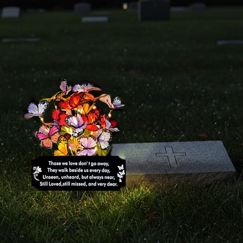 Solar Butterfly Memorial Stake for Graves - Metal Cemetery Garden Decor with LED Lights - Sympathy Remembrance Plaque to Honor Mother Father - Weatherproof Outdoor Bereavement Tribute(with Flowers) - style: Dear with Flowers
