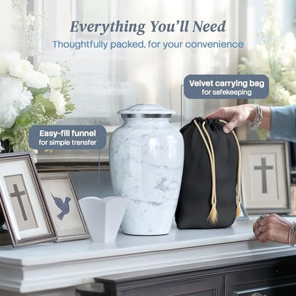 Cremation Urns for Human Ashes Adult Female & Male - Large (10.5H x 6.25W) | Handcrafted Urn for Human Adult Man & Woman - Decorative Funeral Urns - Memorial Urn with White Marble Finish - size: Large, style: White Marble Finish