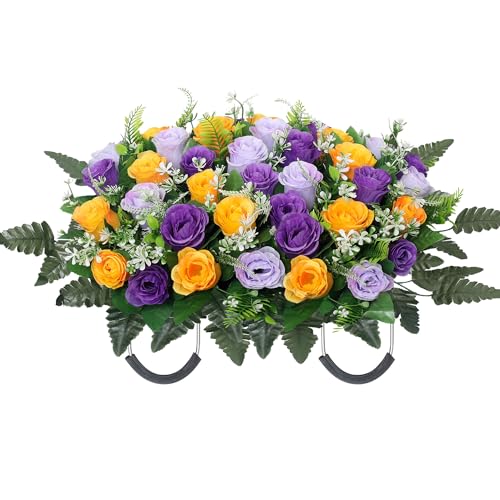 Headstone Flower Saddle,Large Artificial Headstone Flower Saddles for Graves,Cemetery Memorial Flowers for Outdoor Tombstone Decorations (Colour) - color: Colour